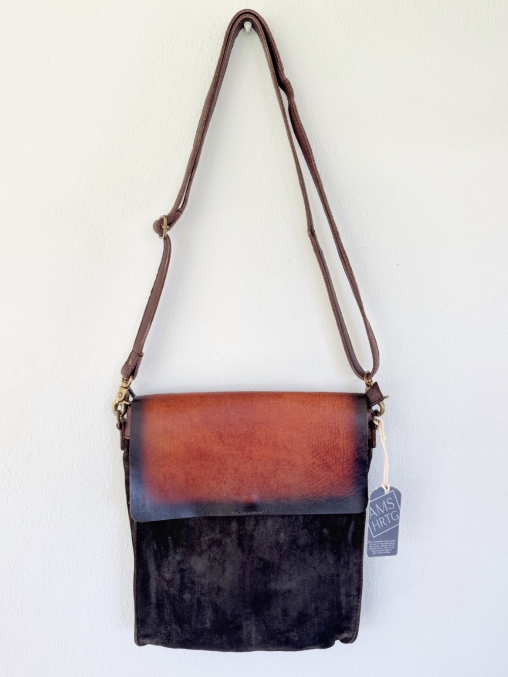 Amsterdam Heritage handmade leather suede black brown flap closure crossbody bag